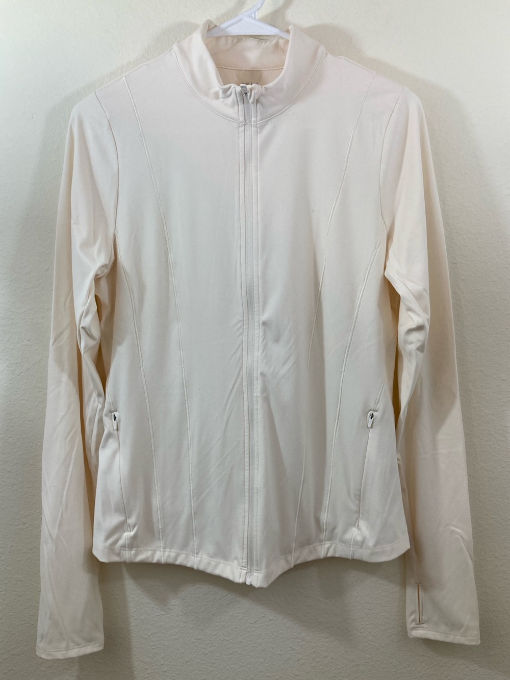 Calla Cream Zip Up Jacket Women’s L Thumb Holes Zippered Pockets